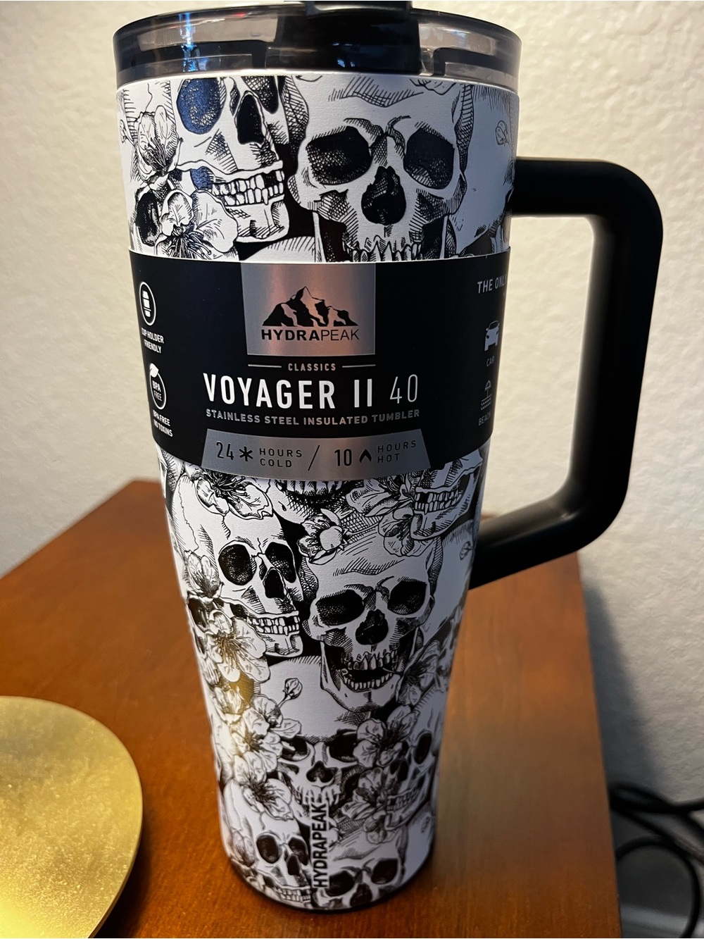 Hydrapeak 40 oz Voyager II Skulls & Floral Tumbler Cup Halloween White Black NWT